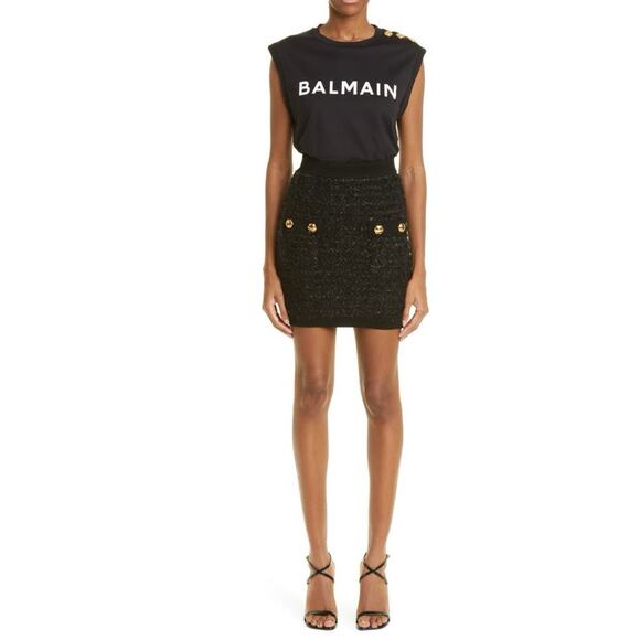$1795 Balmain Metallic Tweed Mini Skirt Size 14 Black NWT - Picture 1 of 14
